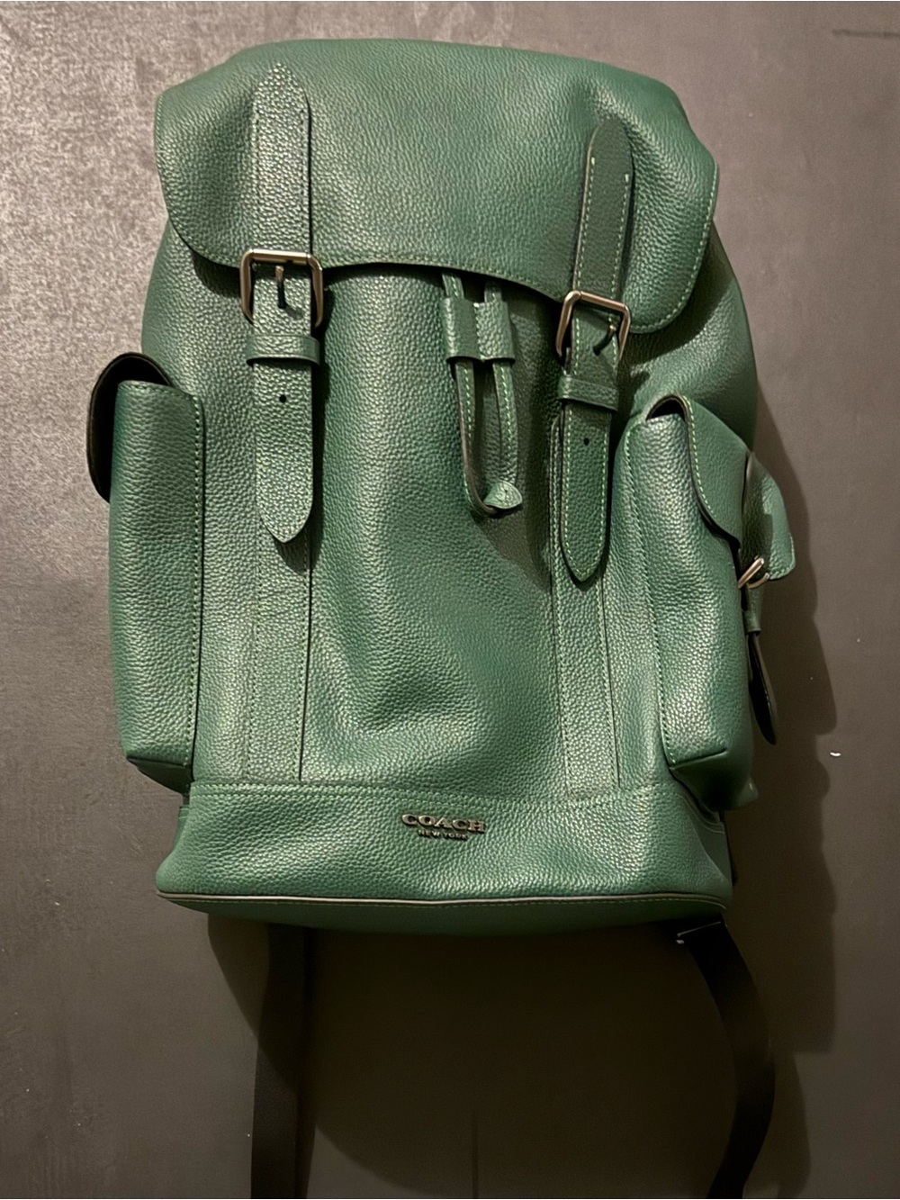 Coach Forest Green Pebbled Leather Buckle Backpack